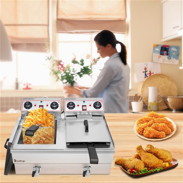 EH102V 16.9QT / 16L Total Capacity 24.9QT/23.6L Stainless Steel Faucet Double Tank Deep Fryer 3400W MAX (8L 8L Big Blue/Large Handle)
