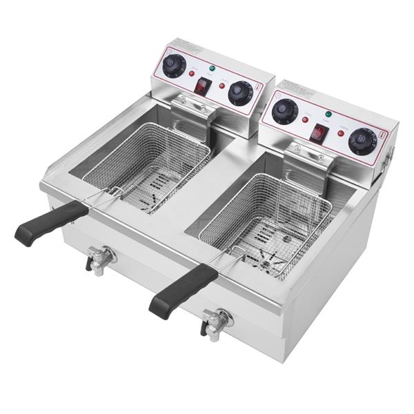 EH102V 16.9QT / 16L Total Capacity 24.9QT/23.6L Stainless Steel Faucet Double Tank Deep Fryer 3400W MAX (8L 8L Big Blue/Large Handle)