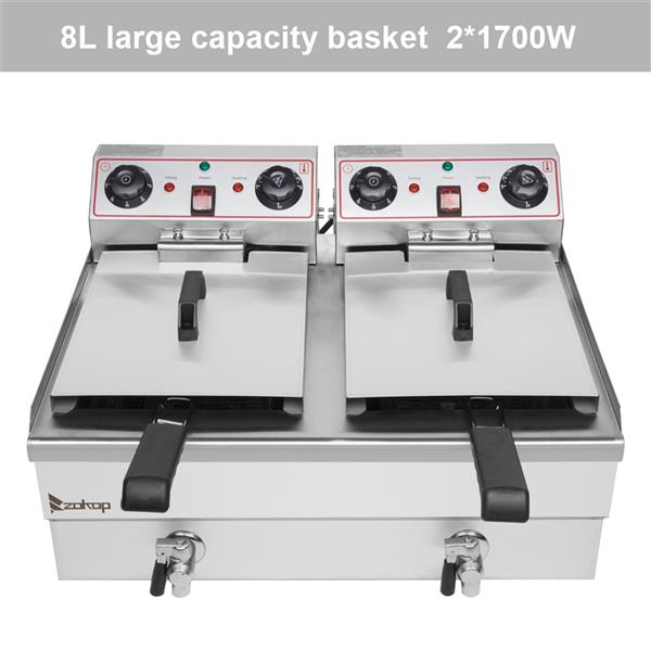 EH102V 16.9QT / 16L Total Capacity 24.9QT/23.6L Stainless Steel Faucet Double Tank Deep Fryer 3400W MAX (8L 8L Big Blue/Large Handle)